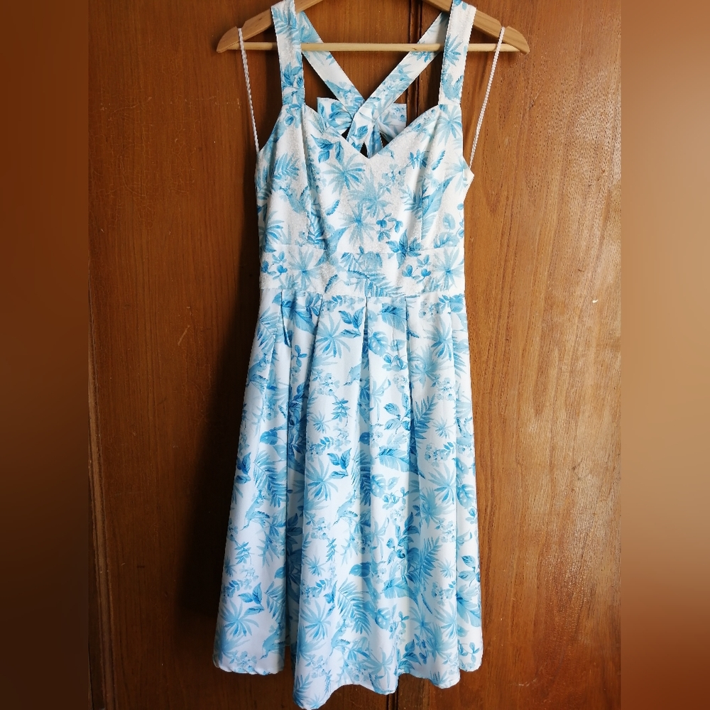 Sweet Hell Bunny Vixen Blue and White floral flowers and birds dress with bow